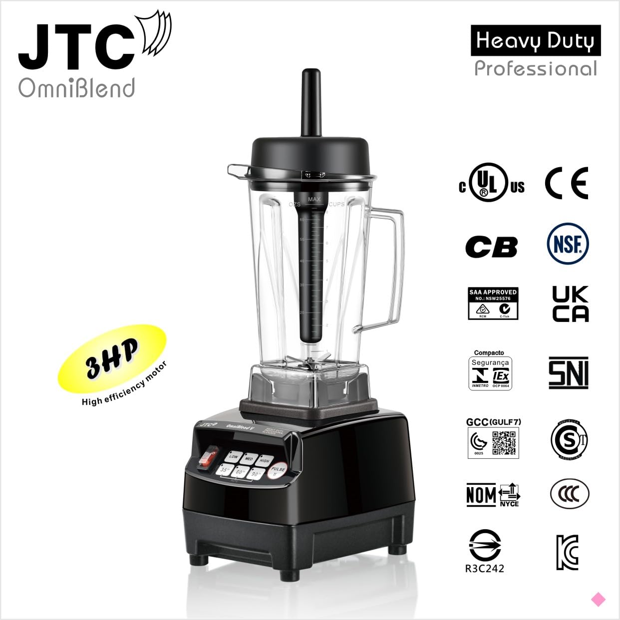JTC TM 800 OmniBlend V 3 HP Professional heavy-duty Blender, 2.0 L BPA-Free Jug, Preset Speed Control, PreSet Times and Pulse function. 7 Year Warranty, Blend, Smoothie Blender, Black Color