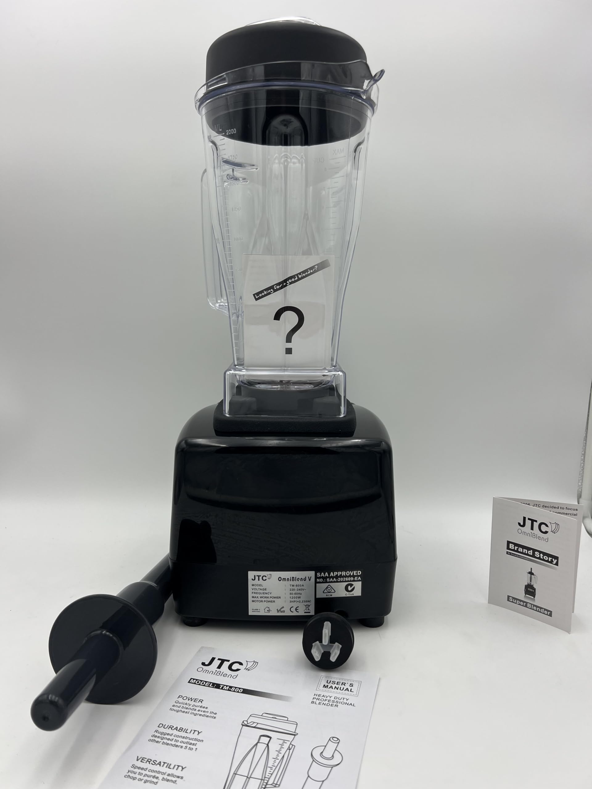 JTC TM 800 OmniBlend V 3 HP Professional heavy-duty Blender, 2.0 L BPA-Free Jug, Preset Speed Control, PreSet Times and Pulse function. 7 Year Warranty, Blend, Smoothie Blender, Black Color