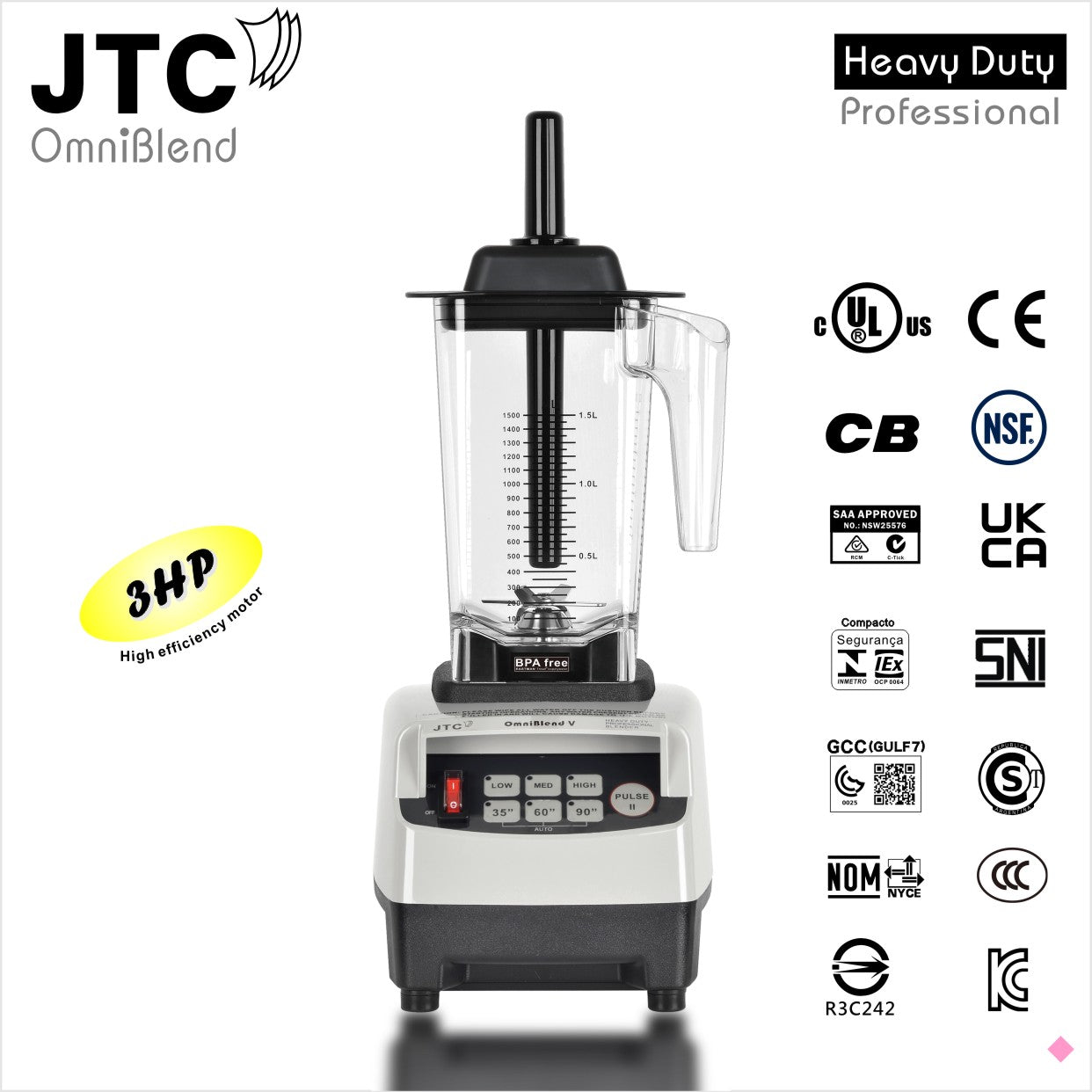JTC OmniBlend V TM 800 Professional Blender, 1.5 Litre D Jug Set BPA-Free Container, Set Speed Settings with Set Timer