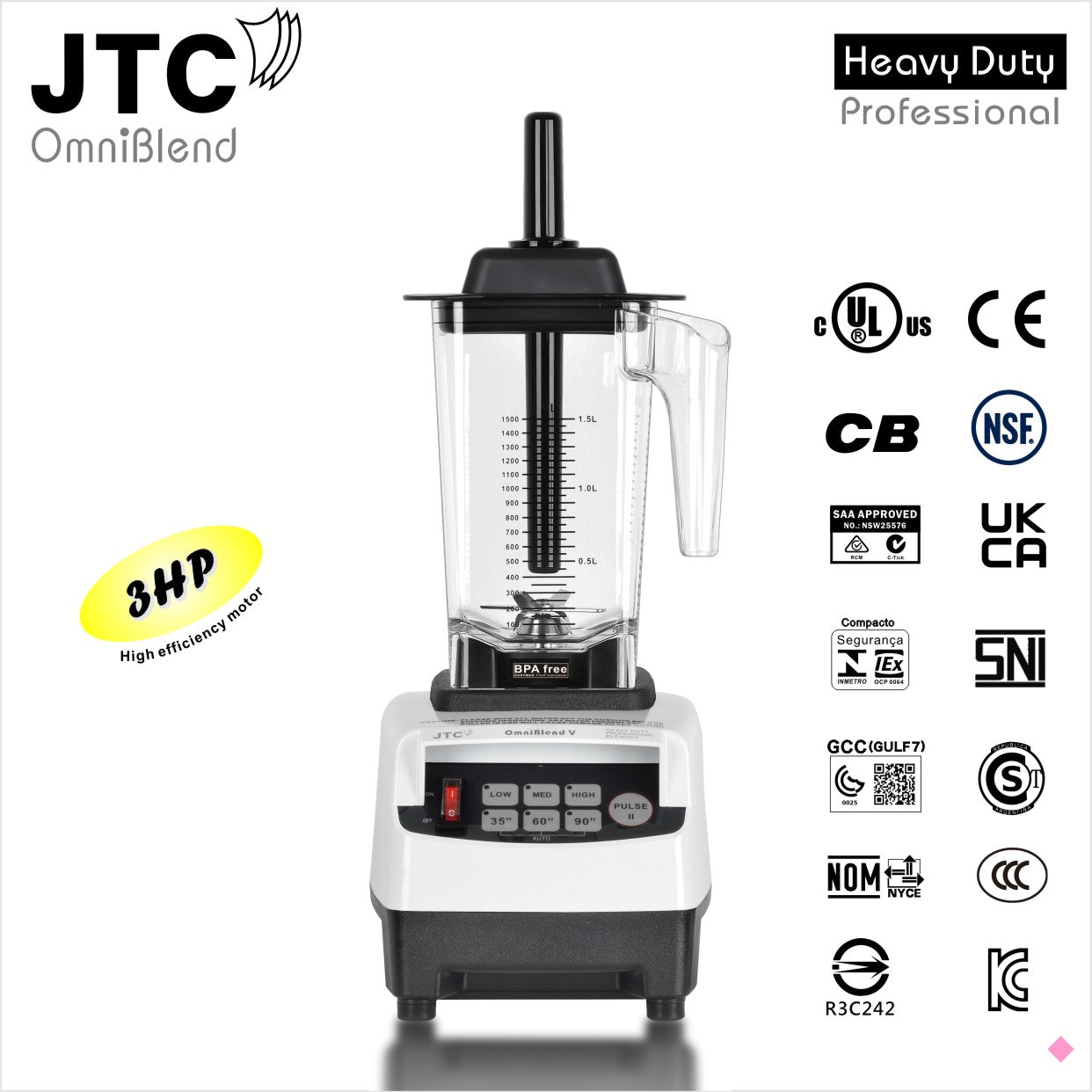 JTC OmniBlend V TM 800 Professional Blender, 1.5 Litre D Jug Set BPA-Free Container, Set Speed Settings with Set Timer